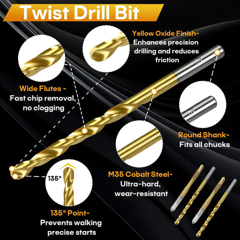 Close-up of Pro Grade Heavy Duty Metalworking Kit twist drill bit with yellow oxide finish, round shank, and wide flutes.