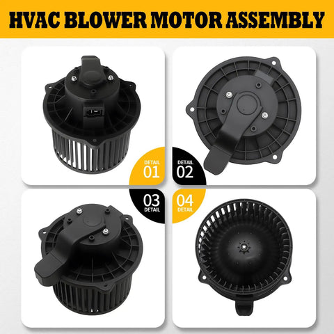 Direct Fit HVAC Blower Motor Assembly For Kia Soul 2010 To 2019, showing different angles and details of motor assembly.
