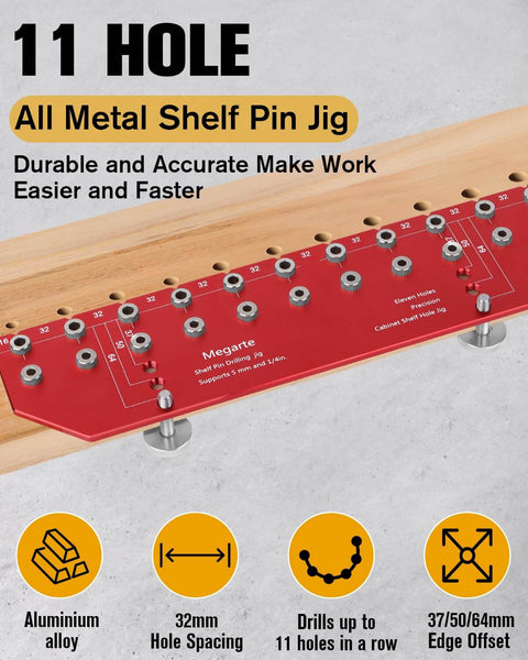 All-In-One Shelf Pin Drilling Jig With 11 Holes, Aluminum Alloy Self-Contained Clamp, Installed on Wooden Surface