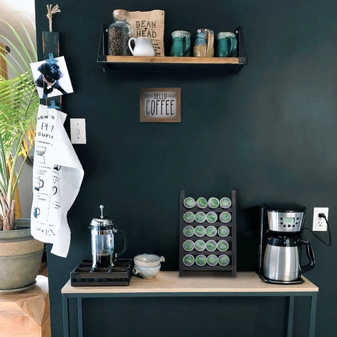 Countertop K Cup Holder For Your Dope Coffee Bar, Rustic Wood Pod Organizer, displayed with coffee maker and mugs on shelf