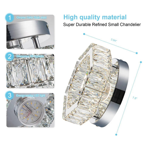 6.3 Inch Crystal Ceiling Light Fixture Mini Square Chandelier with K9 Crystals and Stainless Steel Trim, LED Flush Mount