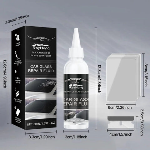 Crack Repair Kit 2026 Upgrade Nano Glass Repair Liquid For Cracks And Chips Quick Fix For Windshields Windows And Mirrors All Crack Types Automotive Glass Repair Tool 2 Pack packaging and contents including repair fluid, applicator, and curing strips visible.