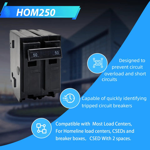 Job Site Workhorse 50 Amp Two Pole Circuit Breaker Snap In Mount Fits Standard Load Centers Rated 120 240 Vac 10 Ka Capacity features dual 50 Amp switches.