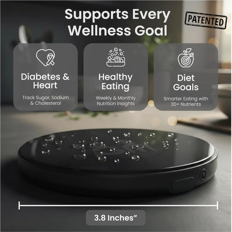 Portable Food Scale With Built In Nutritional Calculator Rechargeable Travel Pocket Digital Kitchen Scale With Bluetooth To The GourmetMiles App displayed on a table with wellness features.