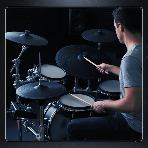 Musician playing electronic drum kit with a 9-Inch Dual Zone Electronic Splash Cymbal Pad With Choke, in a studio setting.