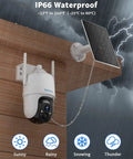 Solar Powered Outdoor Security Camera Wire-Free No Fuss 2K 360 Degree PTZ With 2.4GHz Wireless in rainy weather on wood wall.