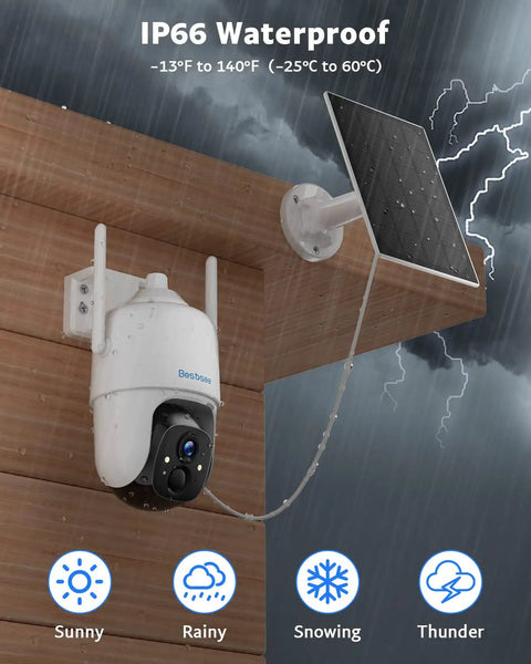 Solar Powered Outdoor Security Camera Wire-Free No Fuss 2K 360 Degree PTZ With 2.4GHz Wireless in rainy weather on wood wall.