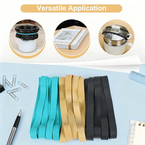 Heavy Duty Thick Rubber Bands Set 36 Pcs Large Wide Ranger Bands Size 107 shown in various colors and applications