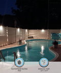 Unique Rays LED Low Voltage Deck Lights illuminating a pool area at night, showcasing IP65 weatherproof features.
