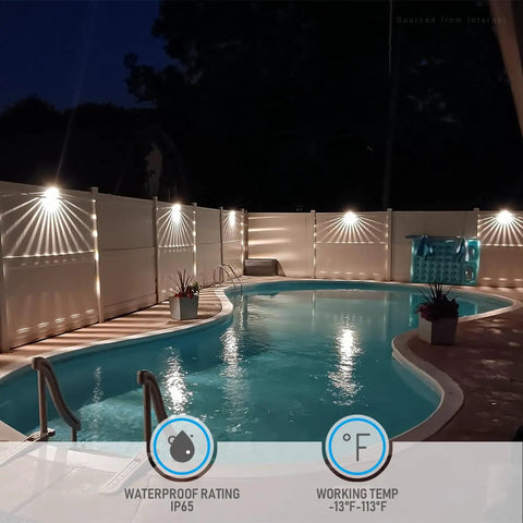 Unique Rays LED Low Voltage Deck Lights illuminating a pool area at night, showcasing IP65 weatherproof features.