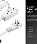 Heavy Duty Three Outlet Flat Extension Cord 3 Feet Long Grounded Power Cable With Secure Three Prong Plugs For Home Office Setup and Sleek Under Desk Layout close-up showing plugs and outlets.
