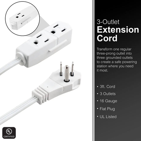 Heavy Duty Three Outlet Flat Extension Cord 3 Feet Long Grounded Power Cable With Secure Three Prong Plugs For Home Office Setup and Sleek Under Desk Layout close-up showing plugs and outlets.