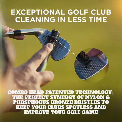 Pro Grade BrushPro Golf Club Cleaner With Ergonomic Grip And 2.5 Ft Retractable Cord, Replaceable Bristle Heads And Groove Cleaner, Dual Nylon And Bronze Bristles, Sturdy Golf Dad Favorite For Clean Clubs And Consistent Shots, golf club cleaning close-up