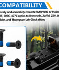 8 Piece Bulletproof Nuclear Strength Red Dot Screw Set And Top Tier Optic Mount Kit For Holosun Trijicon RMR SRO showing screws and mount for Glock slides.