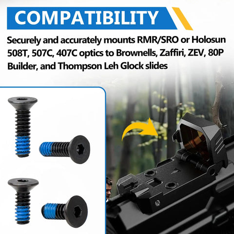 8 Piece Bulletproof Nuclear Strength Red Dot Screw Set And Top Tier Optic Mount Kit For Holosun Trijicon RMR SRO showing screws and mount for Glock slides.
