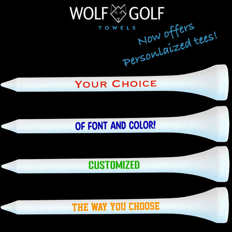 Four personalized golf tees showing custom font and color options for Personalized Golf Tees Bulk Gift Set With Custom Font And Color Options 50 100 Or 200 Tees Choose From Four Fonts And Multiple Color Choices For Golf Outings Gifts And Tournaments.