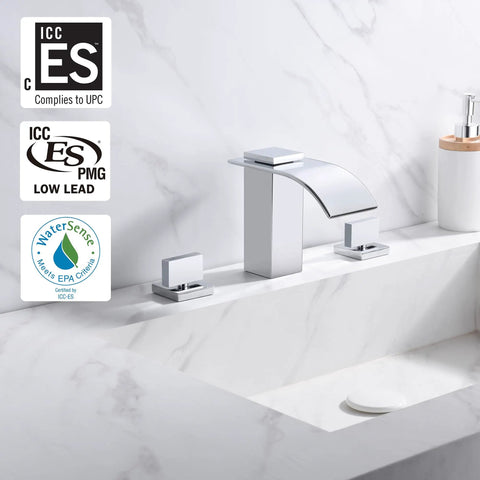 Waterfall 8 Inch Widespread Bathroom Sink Faucet Three Hole Chrome Finish With Solid Brass Valve Easy Install Built To Last