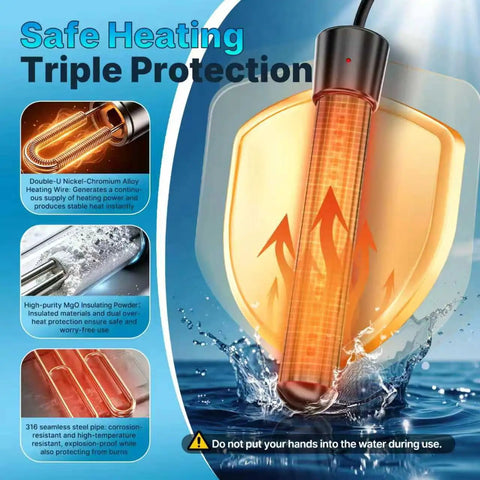 Bangin Heat 2000W Portable Water Heater With Slick Stainless Steel Guard And Smart Auto Cut Off submerged in water with heating elements.