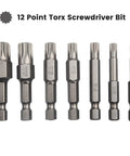 Premium Seven Piece 12 Point Screwdriver Bit Set Features M5, M6, M7, M8 And M10 Torx Sizes For Robust Automotive Repair With 50mm Length Hex Shank Alloy Steel Bits Perfect For Electric Drills And Manual Drivers Without Stripping.