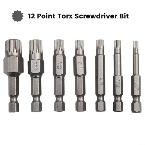 Premium Seven Piece 12 Point Screwdriver Bit Set Features M5, M6, M7, M8 And M10 Torx Sizes For Robust Automotive Repair With 50mm Length Hex Shank Alloy Steel Bits Perfect For Electric Drills And Manual Drivers Without Stripping.
