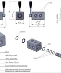 Built To Last Heavy Duty Hydraulic 6 Way Diverter Valve With 3/8 Inch BSPT Ports Alloy Steel Construction Cataphoresis Coating Dual Input Four Output Flow Control For Dual Actuator Systems, dimensioned drawing