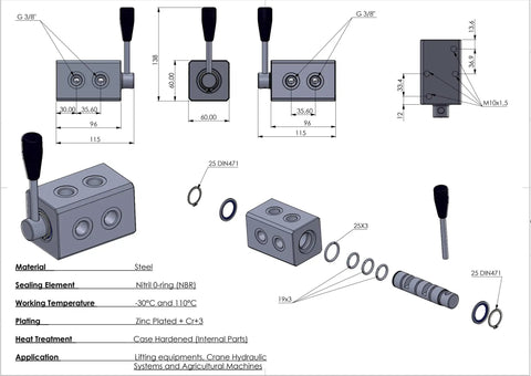 Built To Last Heavy Duty Hydraulic 6 Way Diverter Valve With 3/8 Inch BSPT Ports Alloy Steel Construction Cataphoresis Coating Dual Input Four Output Flow Control For Dual Actuator Systems, dimensioned drawing