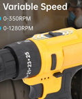 Close-up of Rugged 21V Cordless Drill And 3 In 1 Impact Driver Kit Featuring Straight Shooting Accuracy Up To 1280 Rpm showing variable speed settings.