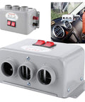 Kick The Winter Chill Fast With Compact 12V Car Heater 400W To 600W Dual Gear Switch Triple Air Outlets Low Noise Warmer top view of grey heater with dual switches.