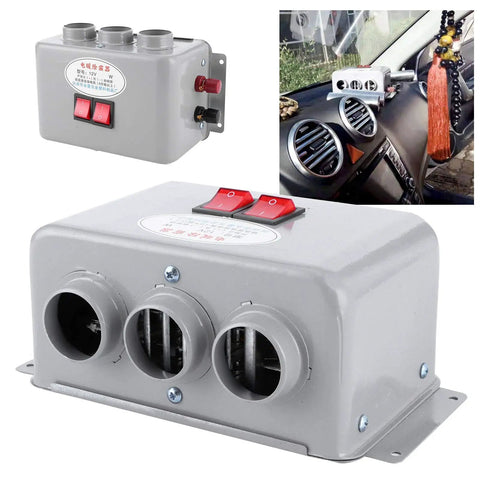 Kick The Winter Chill Fast With Compact 12V Car Heater 400W To 600W Dual Gear Switch Triple Air Outlets Low Noise Warmer top view of grey heater with dual switches.