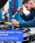 Mechanic using Heavy Duty Offset Extension Wrench Set Featuring Chain Drive Mechanism And Zero Degree Swing Arc for tight engine space access.