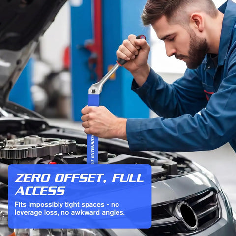 Mechanic using Heavy Duty Offset Extension Wrench Set Featuring Chain Drive Mechanism And Zero Degree Swing Arc for tight engine space access.