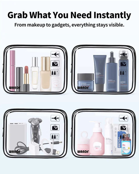 Clear Travel Toiletry Bag Set For Grab And Go TSA 3 1 1 Quart Size With Zipper Pouches Leakproof, showing contents clearly