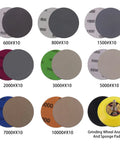 Assorted grit set of Three Inch Silicon Carbide Wet Dry Sanding Discs with hook and loop, includes sponge pad and shank pad