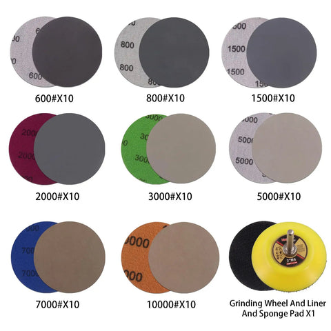 Assorted grit set of Three Inch Silicon Carbide Wet Dry Sanding Discs with hook and loop, includes sponge pad and shank pad