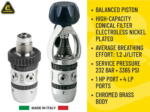 AC2 Compact Regulator Set With Octopus Compact All In One Dive Rig showing balanced piston and chromed brass body.