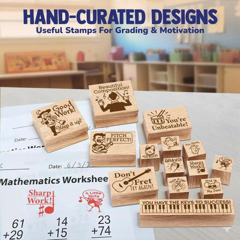 Slick Music Teacher Grading Stamps With Bold Red And Black Ink Pads And Convenient Refill Pack For Quick Classroom Feedback That Is A Total Class Saver And Major Game Changer on a desk with grading paper, showcasing wooden handles and motivational designs.