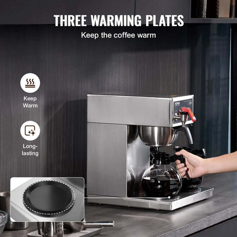 12 Cup Commercial Drip Coffee Maker With 3 Glass Carafes And 3 Warmer Plates, Stainless Steel Pour Over Brewer in use