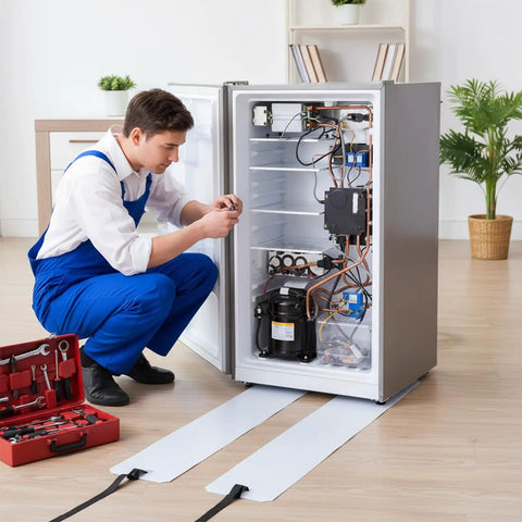 Technician using Two Pack Appliance Sliders For Refrigerators And Heavy Furniture, 48 By 8 Inch Moving Pads with Pull Straps