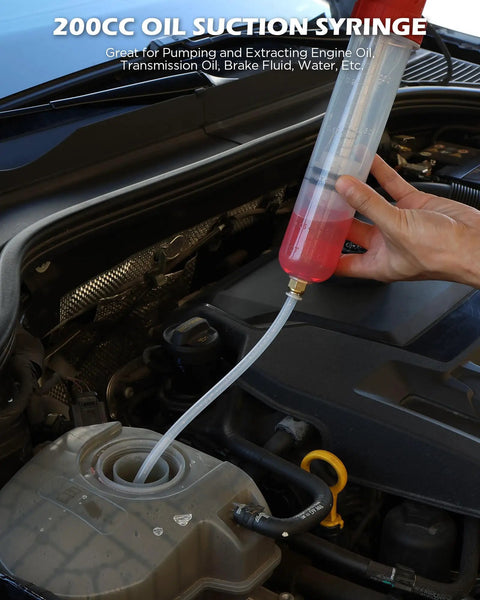 200Cc No Sweat Fluid Extractor Pump With Hella Long Flexible Silicone Hose And Twin Extension Tubes in use for fluid extraction.