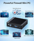 Intel J4105 Fanless Firewall Mini PC Router Featuring Four 2.5 Gigabit LAN Ports And Aes Ni Processing Power angled view highlighting ports and features.
