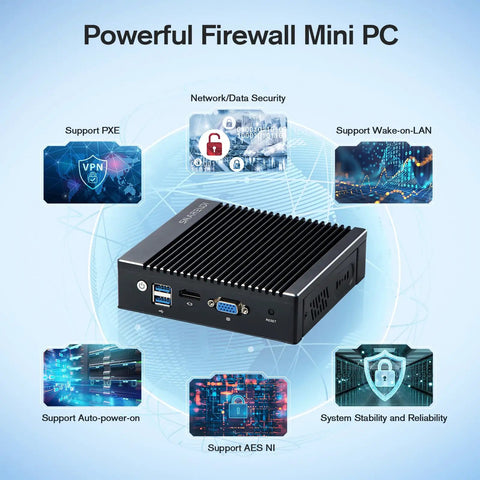 Intel J4105 Fanless Firewall Mini PC Router Featuring Four 2.5 Gigabit LAN Ports And Aes Ni Processing Power angled view highlighting ports and features.