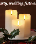 Flameless Candles With Remote Set Of 3 Battery Operated Wax LED Flickering Pillar Candles White With Timer For Home Decor And Christmas Party Vibe For Any Occasion displayed on a festive table.