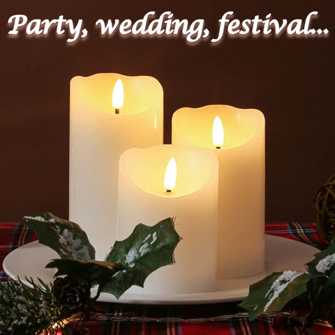 Flameless Candles With Remote Set Of 3 Battery Operated Wax LED Flickering Pillar Candles White With Timer For Home Decor And Christmas Party Vibe For Any Occasion displayed on a festive table.