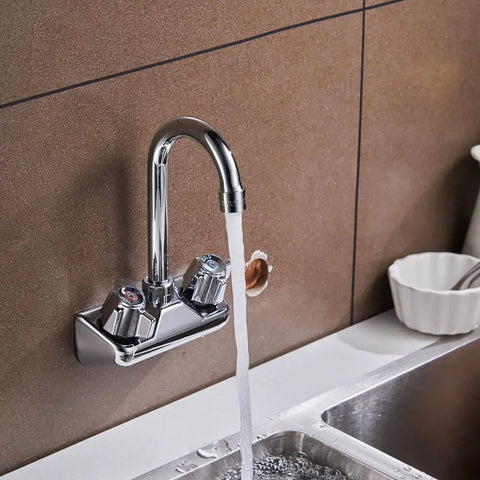Beefy Pro Grade Commercial Kitchen Sink Faucet Wall Mount With 4 Inch Center Spout Gooseneck Dual Knob Handles Brass Chrome