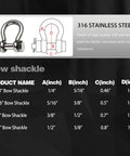 Diagram showing dimensions of various bow shackles with material info for Three Eighths Inch Clevis Shackle With One Half Inch Bolt Pin 316 Stainless Steel Bow Anchor Shackle Marine Grade Rigging Clasp For Boat And Sailboat Great For Chains And Ropes 2 Pack