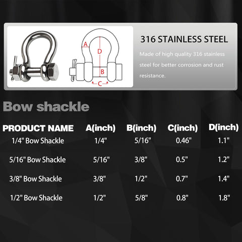 Diagram showing dimensions of various bow shackles with material info for Three Eighths Inch Clevis Shackle With One Half Inch Bolt Pin 316 Stainless Steel Bow Anchor Shackle Marine Grade Rigging Clasp For Boat And Sailboat Great For Chains And Ropes 2 Pack