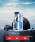 Portable Tire Inflator Air Compressor With Digital Pressure Gauge Auto Stop and 150 PSI, 12000mAh Battery Powered shown