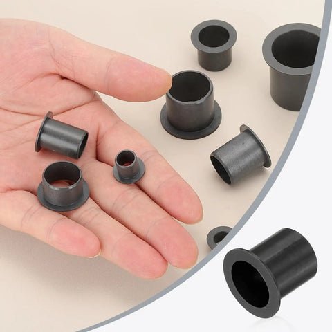 Top Shelf 10 Pack Flanged Sleeve Bearings Made From Solid Pom Plastic Bushings With 16mm Inner Diameter And 18mm Outer Diameter displayed in hand.