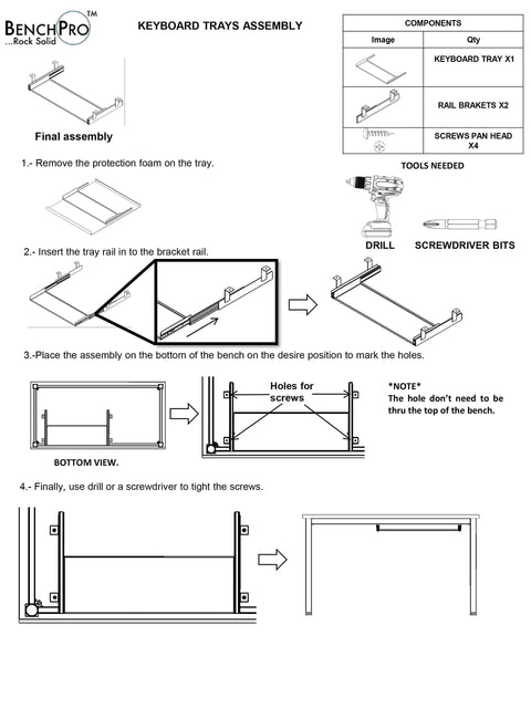 Assembly instructions for Heavy Duty Under Desk Keyboard Tray With Slick Slide Out Mouse Pad Shelf, Solid 16 Gauge Steel Frame.