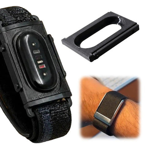 Dual Device Band Adapter Frame For Air To 5.0 Wearables With Interchangeable Nylon Elastic And Silicone Straps For All Day Comfort No Fuss Fit Flexible Arm Placement And Interference Free Monitoring black PLA adapter on wristband